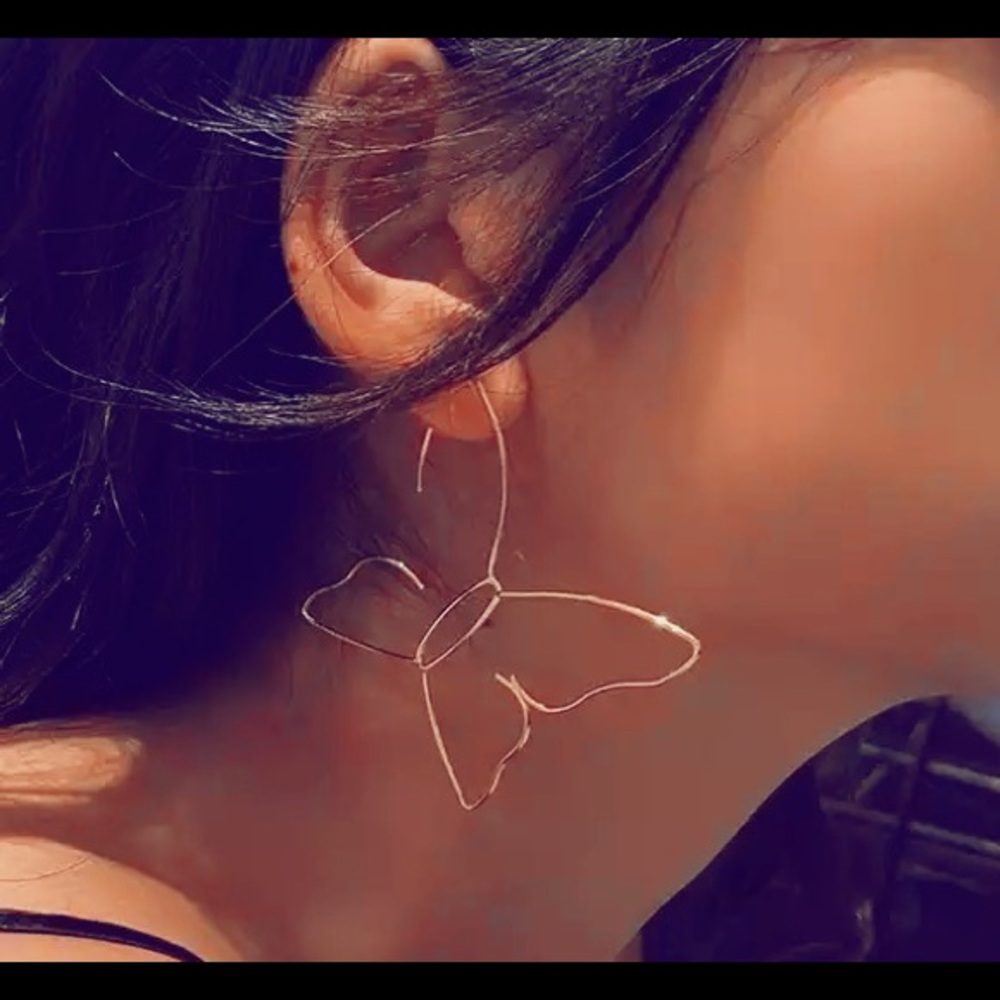 Large Gold Butterfly Hoop Earrings - Picture 3 of 9